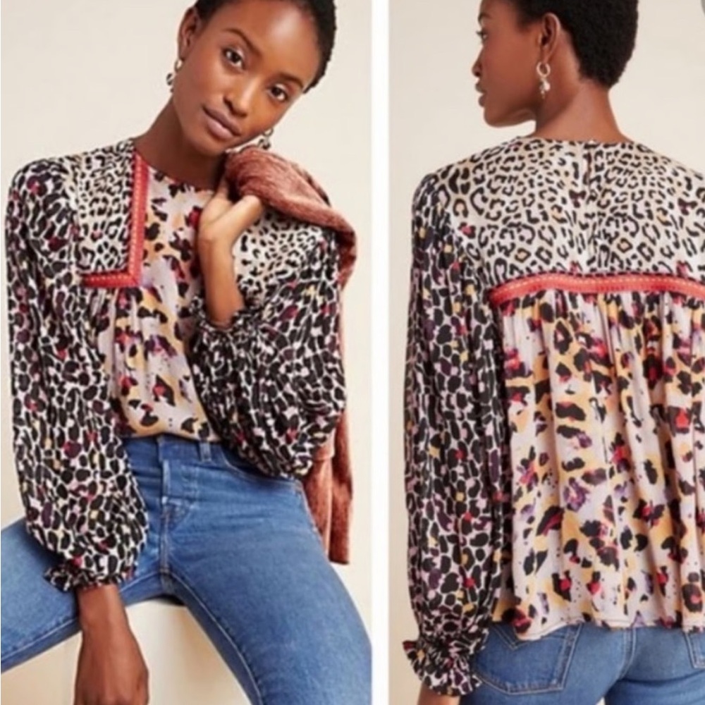 Anthropologie Bl^nk Miranda leopard print blouse size medium with embroidery